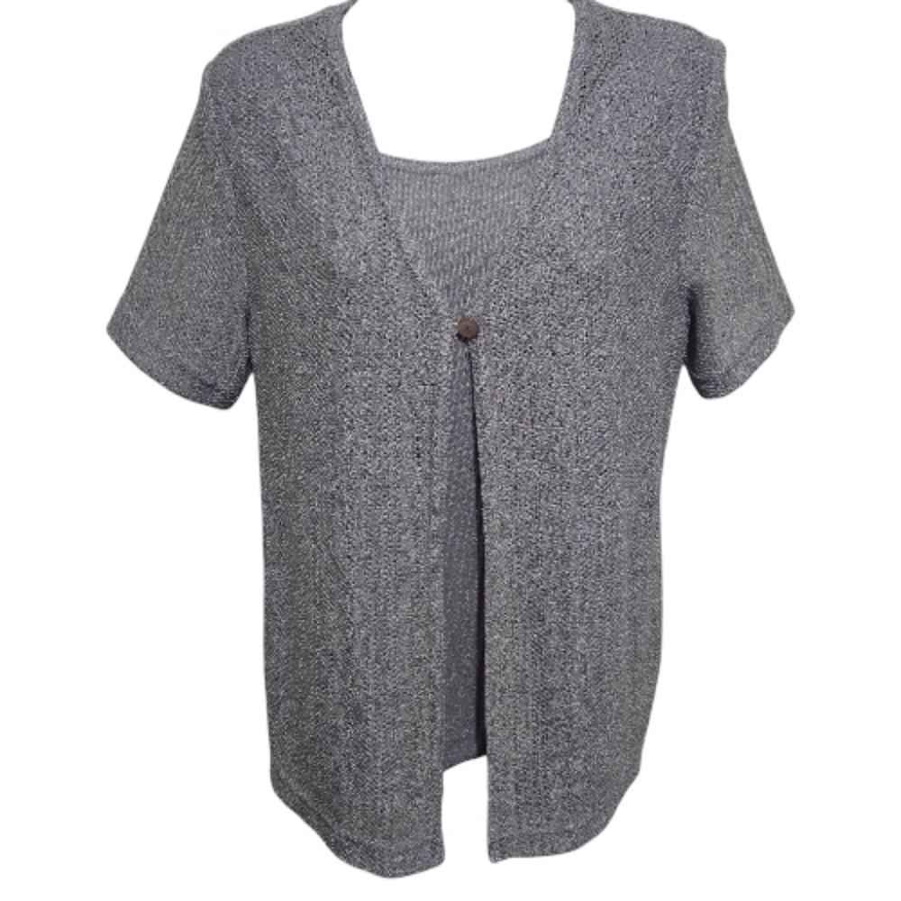 TR Bentley Vintage Knit Layered Top w/ Attached Front Button Cardigan